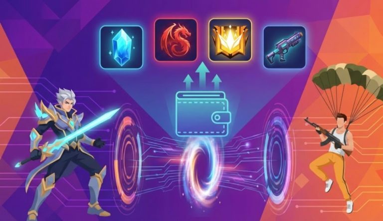 ilustrasi top up game mobile legends dan free fire dengan ikon diamond