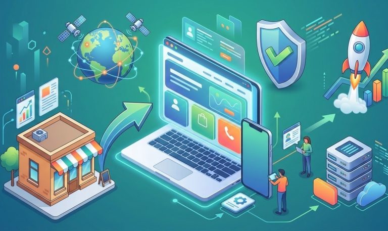 Ilustrasi transformasi digital bisnis dari toko fisik ke website profesional untuk meningkatkan kredibilitas dan jangkauan pasar global.