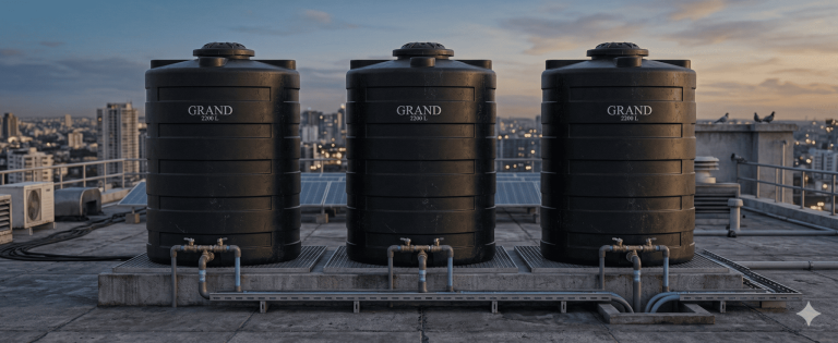 tiga tangki air hitam merek grand di atas atap gedung dengan latar kota senja