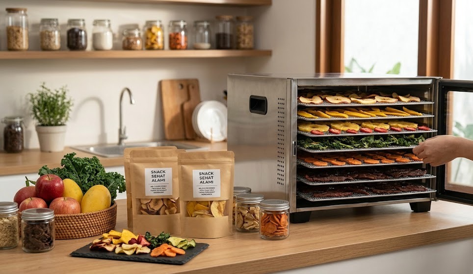 Food dehydrator stainless steel dengan rak berisi irisan buah vegetable chips dan jerky beef snack sehat alami produksi rumahan dalam kemasan kraft di dapur