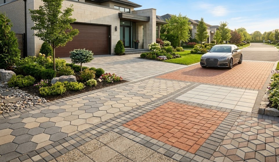 sebuah halaman depan rumah modern dengan berbagai pola paving block