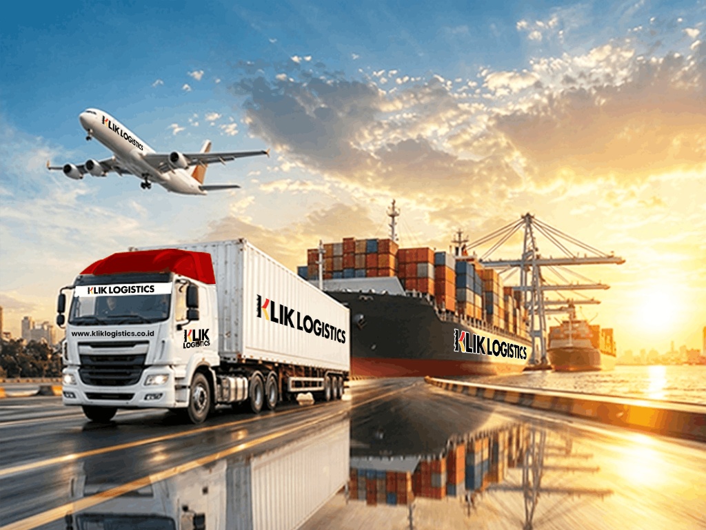 truk kontainer pesawat dan kapal kargo di pelabuhan dengan logo klik logistics
