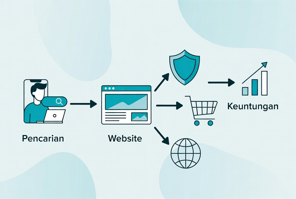 Ilustrasi alur proses website bisnis dari pencarian pelanggan menuju website lalu ke keuntungan seperti kredibilitas penjualan jangkauan pasar dan pertumbuhan bisnis