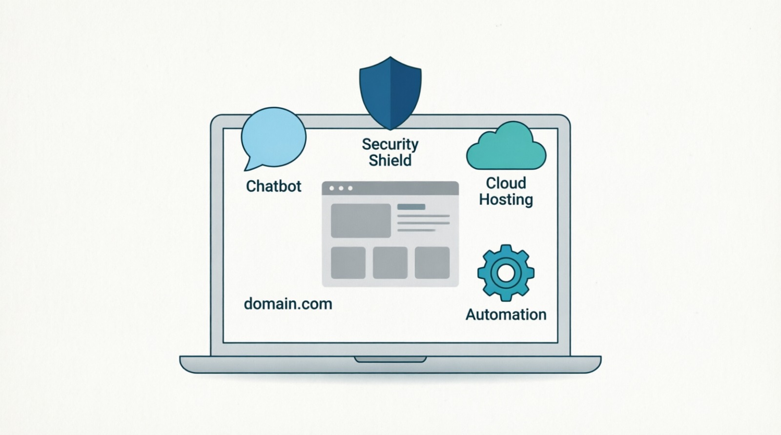 Ilustrasi laptop menampilkan elemen layanan digital berbasis AI: chatbot, security shield, cloud hosting, automation, dan domain website untuk bisnis.