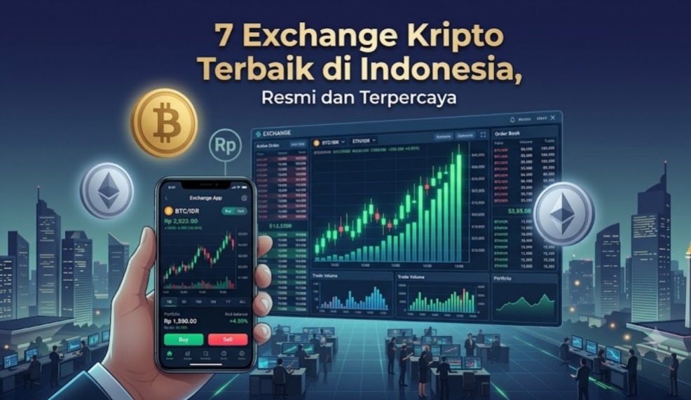 Ilustrasi aplikasi trading dan grafik chart untuk artikel 7 exchange kripto terbaik di Indonesia.