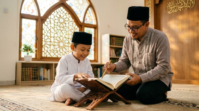 Ilustrasi anak belajar membaca Al-Qur'an dan ilmu tajwid bersama guru pembimbing