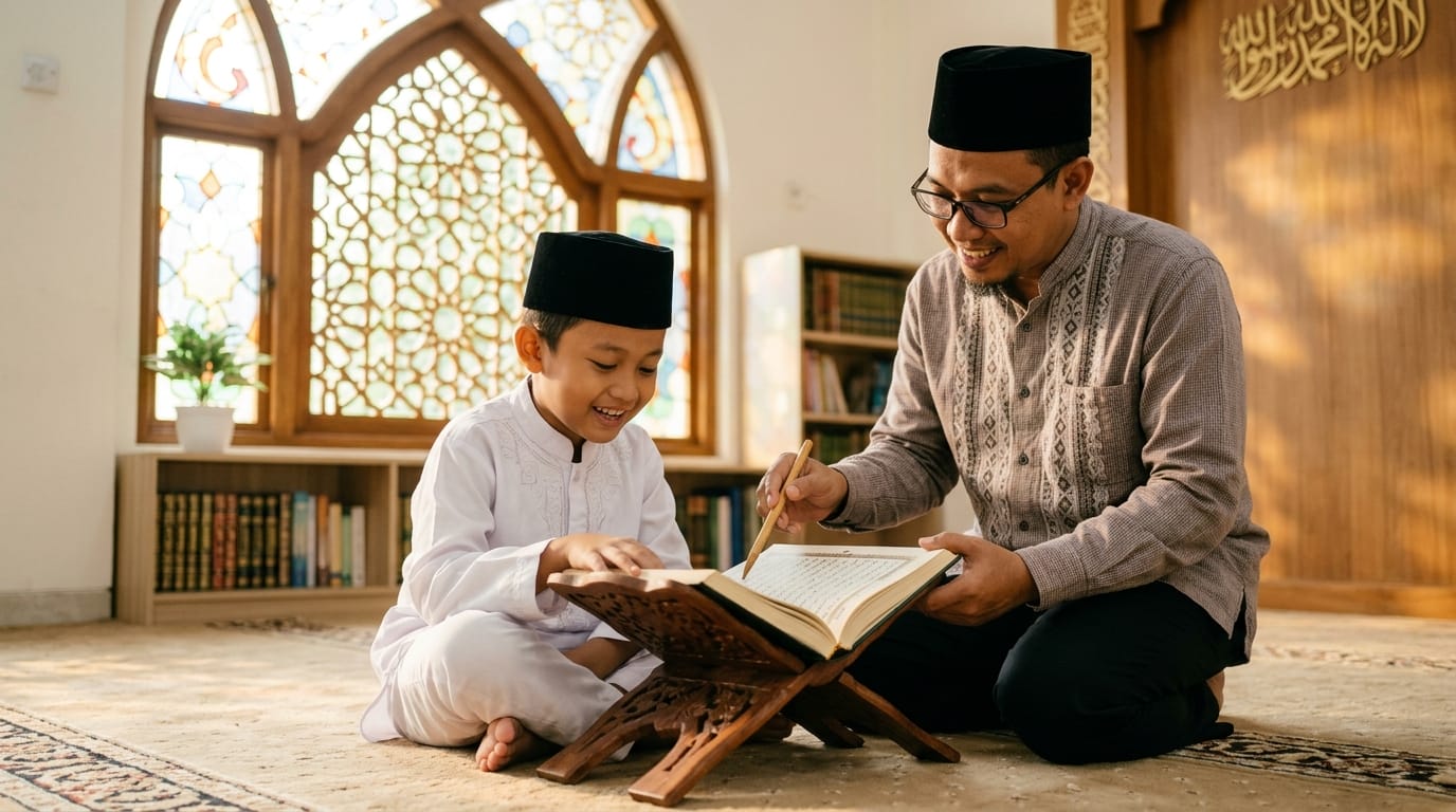 Ilustrasi anak belajar membaca Al-Qur'an dan ilmu tajwid bersama guru pembimbing
